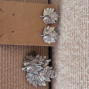 Napier Pat. Pend Silvertone leaves Brooch and Clip on Earrings